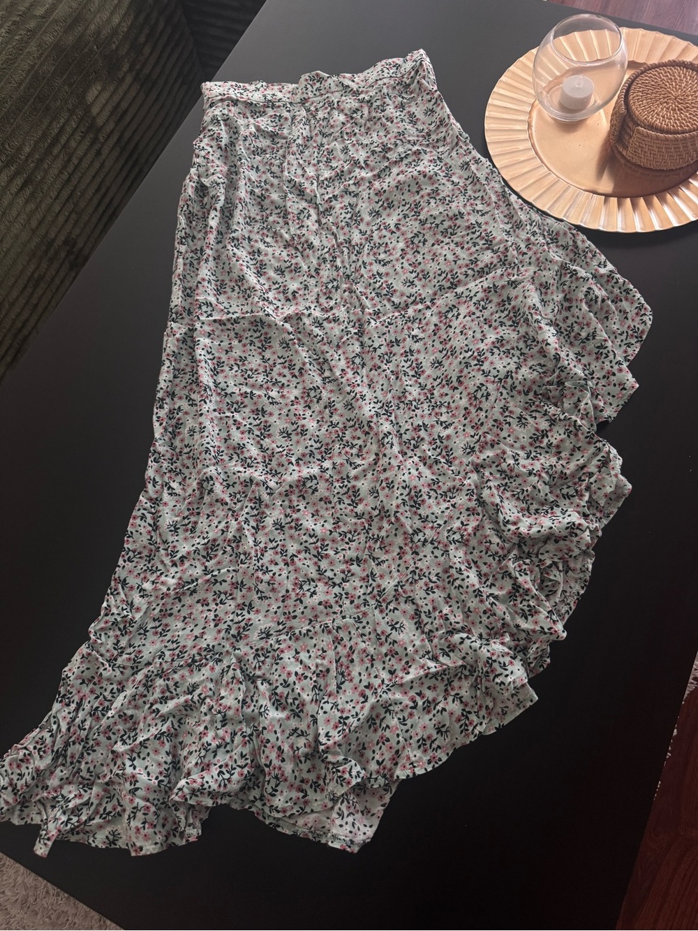 Shasa White Asymmetrical Ruffle Midi Skirt with Pink & Green Floral